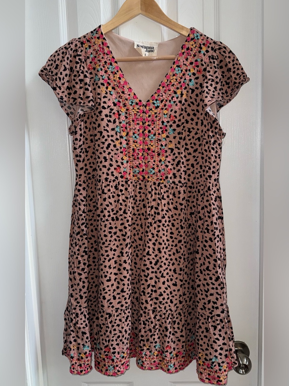 Savanna Jane Leopard Flutter Sleeve Mini Dress Small Floral Embroidery Summer